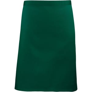 A green mid-length apron with a smooth texture, featuring a simple design and a logo.