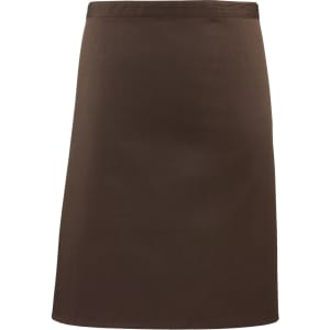 A mid-length brown apron featuring a simple design and a logo. Ideal for workwear applications.