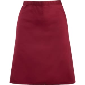 A mid-length apron in burgundy with a simple design and a logo visible on the fabric.