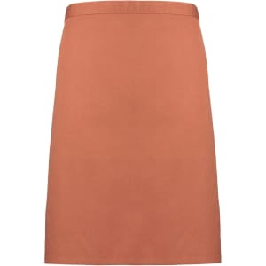 A mid-length apron in a warm terracotta colour, featuring a simple design and a logo.
