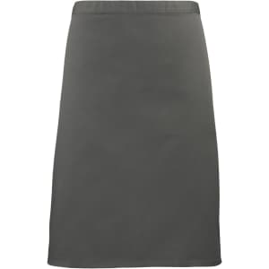 A mid-length apron in charcoal grey, featuring a simple design and a logo. Ideal for workwear applications.
