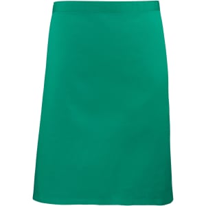 A mid-length apron in vibrant green, featuring a simple design and smooth fabric. Includes a logo on the waistband.