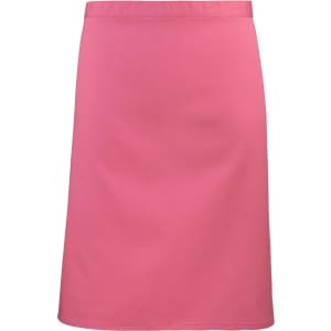 A mid-length apron in bright pink with a simple design and a logo on the front.