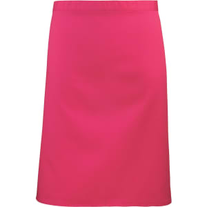 A pink mid-length apron with a smooth finish, featuring a waistband and a branding logo.