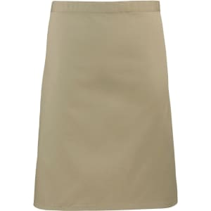 A mid-length apron in a neutral beige colour, featuring a simple design and an accompanying logo.