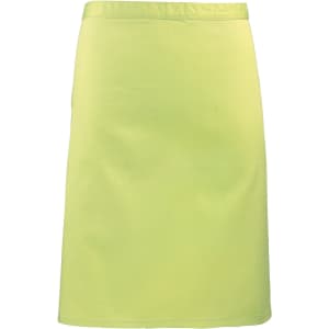 A mid-length apron in bright yellow, featuring a simple design and a logo on the front.