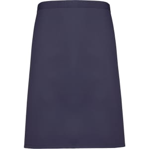 A navy blue mid-length apron with a simple design and a logo. Ideal for various work environments.