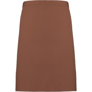 A mid-length apron in a rich brown colour, featuring a simple design and a branding logo.