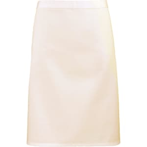 A mid-length apron in a light cream colour, featuring a smooth texture and a logo.