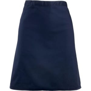 A navy mid-length apron featuring a simple design and equipped with a branding logo.