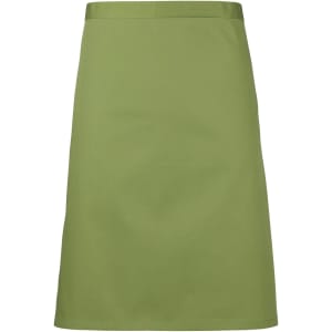A mid-length apron in a solid olive green colour, featuring a simple design and a logo.