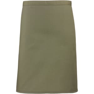 An olive green mid-length apron with a simple design and a smooth texture. It features branding on the front.
