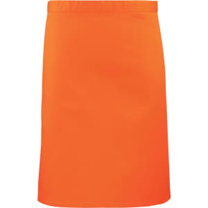 An orange mid-length apron featuring a simple design and a logo. Ideal for workwear and functional use.