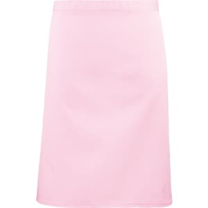A pink mid-length apron, featuring a simple design and a waistband. It has a logo on it.