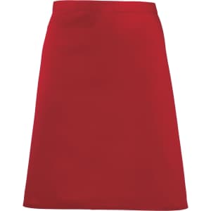 A red mid-length apron featuring a simple design and an attached logo. Ideal for workwear use.