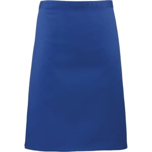 A blue mid-length apron with a simple design and an unadorned finish. It features a logo.