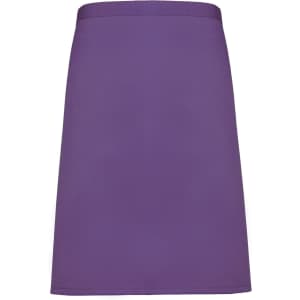 A purple mid-length apron featuring a simple design and a waistband, with a logo present.