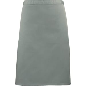 A mid-length apron in a muted green colour, featuring a simple design and a logo.