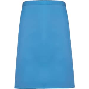 A mid-length apron in bright blue, featuring a simple design and a logo. Suitable for workwear.