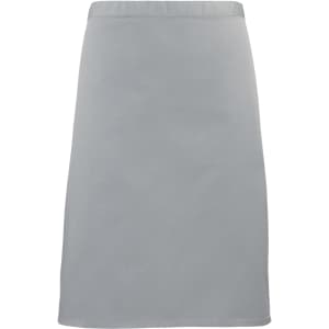 A mid-length apron in a soft grey colour with a simple design and a logo on the front.