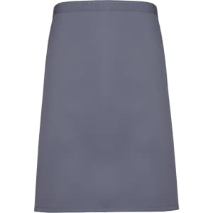 A mid-length apron in a dark grey colour with a simple design and a logo at the top.