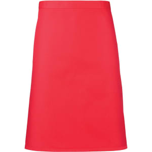 A red mid-length apron with a simple design, featuring a logo on the front.