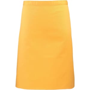 A mid-length apron in bright yellow with a plain design and a woven waistband. Features a logo on the front.