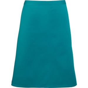 A teal mid-length apron with a simple design, featuring a logo on the front.