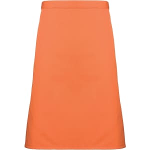 An orange mid-length apron with a sleek design, featuring a logo. Ideal for workwear use.