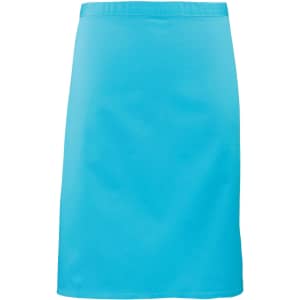 A mid-length apron in a vibrant turquoise colour, featuring a logo on the front.