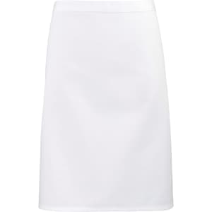 A white mid-length apron featuring a plain design and a branding logo on the side.