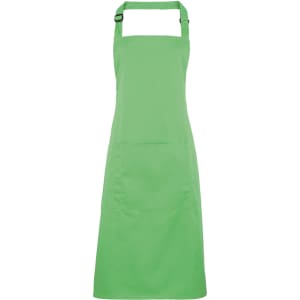 A green bib apron features a pocket and adjustable straps, suitable for various workwear purposes.