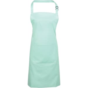 A mint green bib apron with a pocket and an adjustable neck strap, featuring a logo on the front.