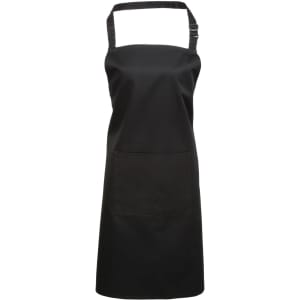 A black bib apron with a front pocket and adjustable neck strap, featuring a logo.