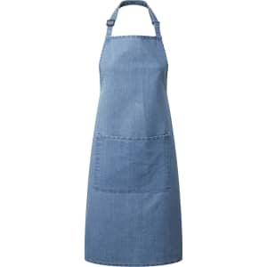 A denim blue bib apron with a front pocket, featuring an adjustable neck strap and a branding logo.