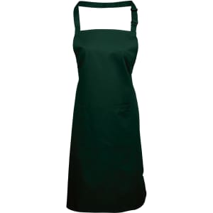 A dark green bib apron with a pocket and adjustable straps, featuring a logo.