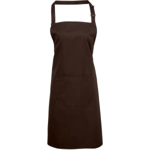 A brown bib apron with a pocket and an adjustable neck strap, featuring a logo.