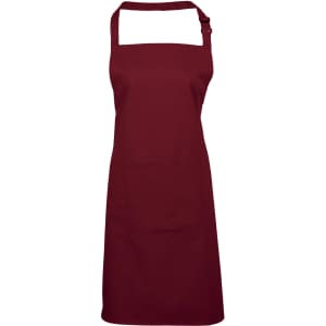 A maroon apron with an adjustable neck strap and a front pocket, featuring a logo.