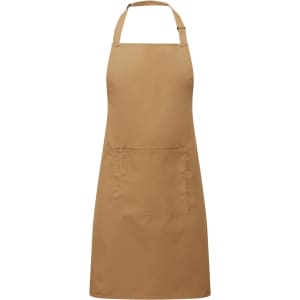 A brown bib apron with a pocket, designed for workwear use. Features an adjustable neck strap and a simple, classic design.