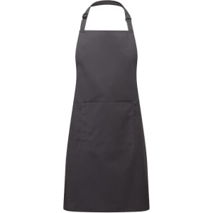 A dark grey bib apron with a pocket, designed for workwear use. It features adjustable neck straps and a simple design.