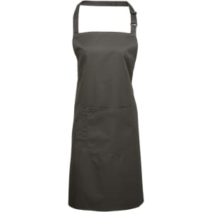 A dark grey bib apron featuring a pocket and an adjustable neck strap, ideal for workwear use.