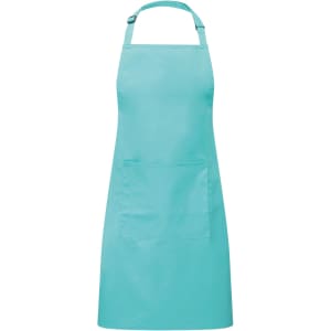 A turquoise bib apron featuring a large front pocket and a neck strap. It includes a logo.