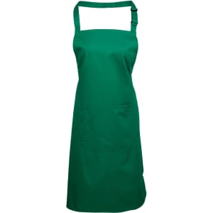 A green bib apron with a pocket, featuring adjustable straps and a simple, solid design.