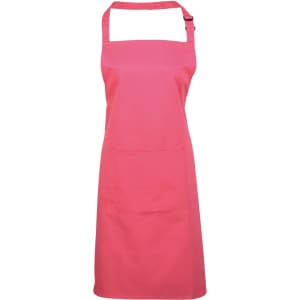 A pink bib apron with a pocket, featuring an adjustable neck strap and a logo.