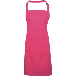 A bright pink bib apron with a pocket, featuring an adjustable neck strap and a logo.