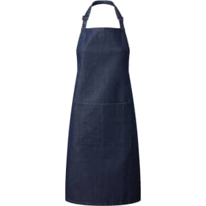 A dark blue bib apron featuring an adjustable neck strap and a front pocket. It includes a logo on the pocket.