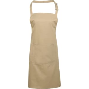 A beige bib apron with a pocket and an adjustable neck strap, featuring a branding logo.