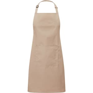 A beige bib apron with a front pocket and an adjustable neck strap. It features a logo on the front.