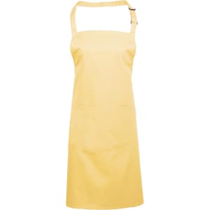 A yellow bib apron with a pocket and an adjustable neck strap, featuring a small logo.