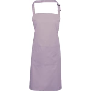 A lilac bib apron with a pocket, showcasing adjustable neck straps and a simple design.